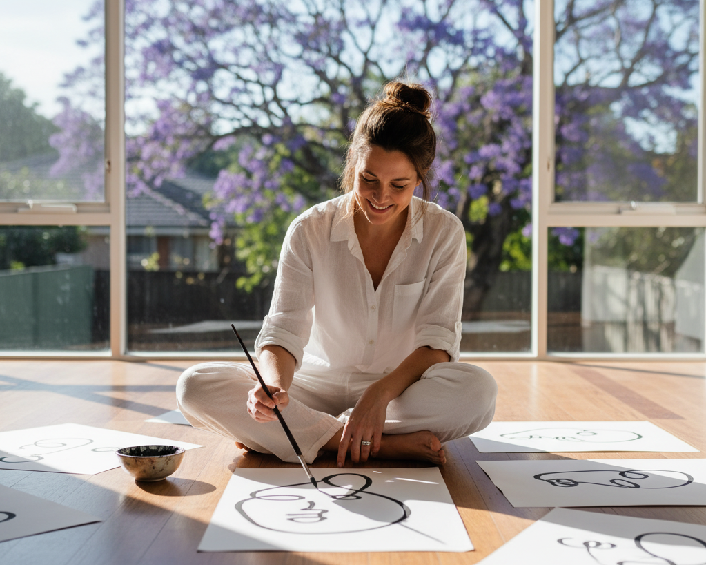 Smiling woman drawing with a large paint brush sitting on the floor black and white sketches
