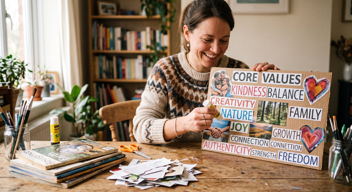 Woman creating a core values collage with art supplies on a desk.