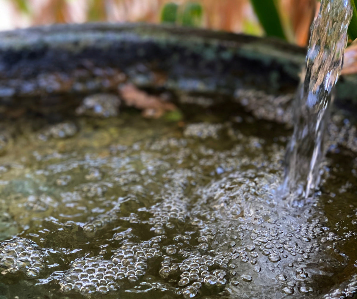 A water feature with water falling into a bowl.