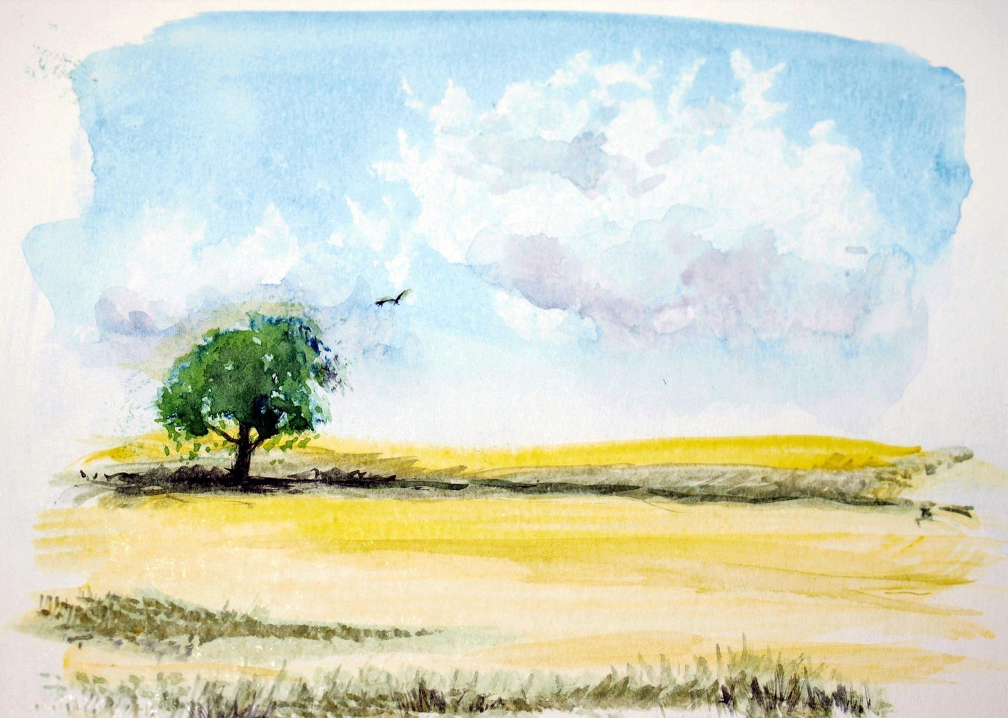 Image of very peaceful landscape, light water colour work, single tree and bird, sense of grief and loss, topic for palliative care like in the topic of this blog: The Soul’s Final Canvas: Art Therapy as a Path to Peace in Palliative Care