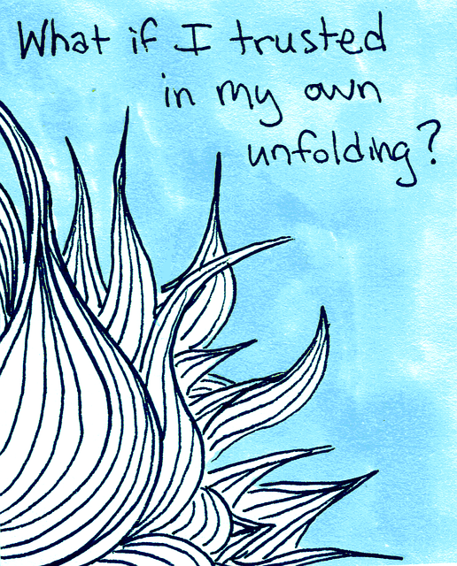 Blue watercolor background featuring an unfolding plant and inspirational quote about self-trust.